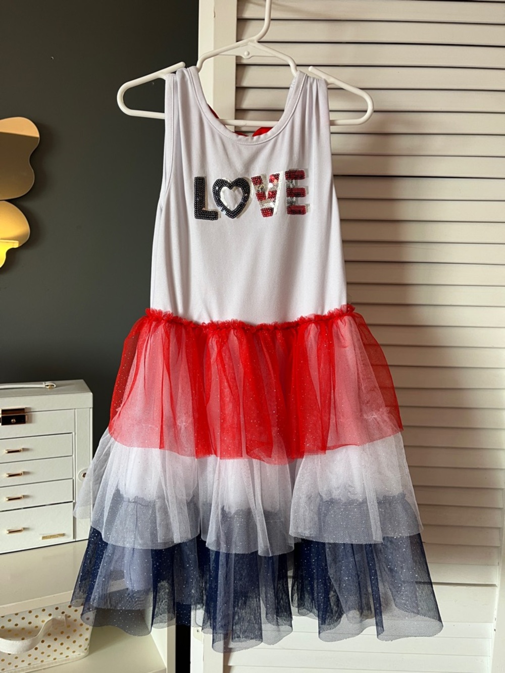 Little Lass White Red Navy "LOVE" Tiered Tulle Dress